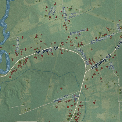 Close-up of the map of French Settlement, Louisiana print showing street and building detail