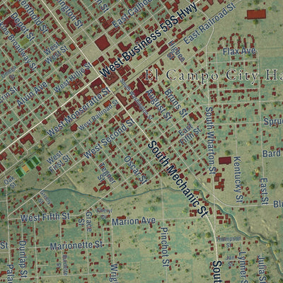 Close-up of the map of El Campo, Texas print showing street and building detail