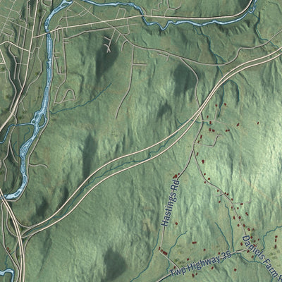 Close-up of the map of Waterford, Vermont print showing street and building detail