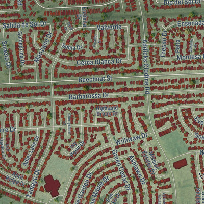 Close-up of the map of Mission Bend, Texas print showing street and building detail