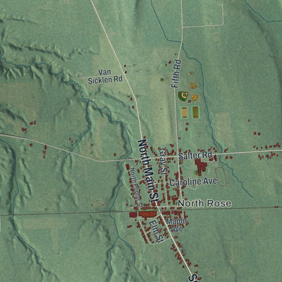 Close-up of the map of Rose, New York print showing street and building detail