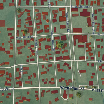 Close-up of the map of Haubstadt, Indiana print showing street and building detail
