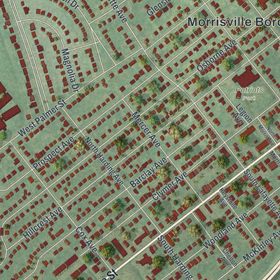 Close-up of the map of Morrisville, Pennsylvania print showing street and building detail