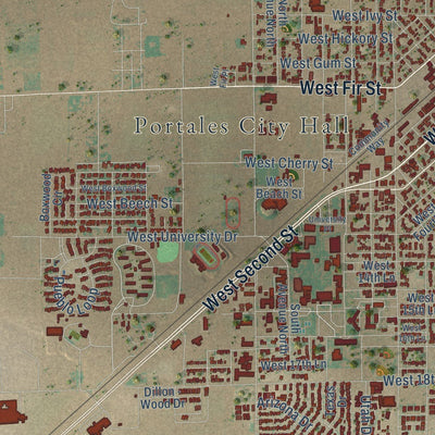 Close-up of the map of Portales, New Mexico print showing street and building detail