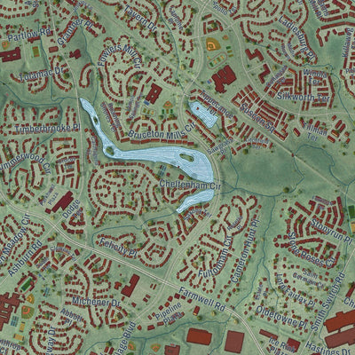 Close-up of the map of Ashburn, Virginia print showing street and building detail