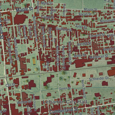 Close-up of the map of Lebanon, Lebanon County, Pennsylvania print showing street and building detail