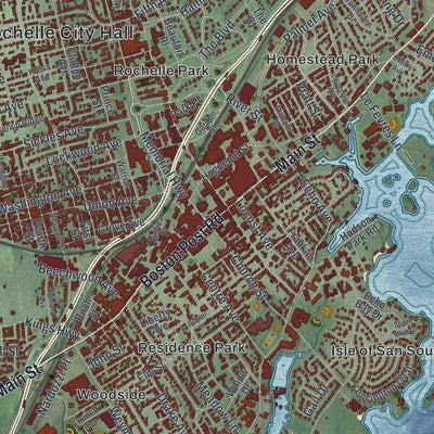 Close-up of the map of New Rochelle, New York print showing street and building detail