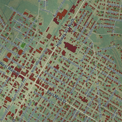 Close-up of the map of Dillon, South Carolina print showing street and building detail