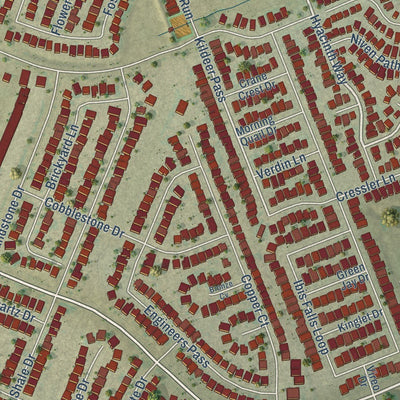 Close-up of the map of Sonterra, Texas print showing street and building detail