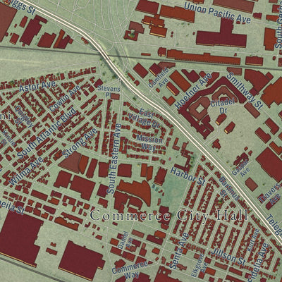 Close-up of the map of Commerce, California print showing street and building detail
