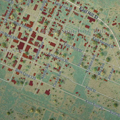 Close-up of the map of Spur, Texas print showing street and building detail