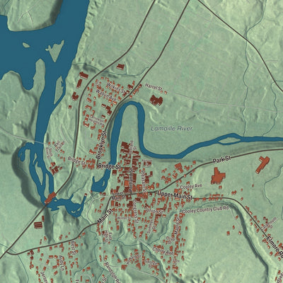 Close-up of the map of Morrisville, Vermont print showing streets and neighborhoods