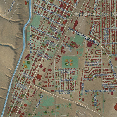 Close-up of the map of Ephrata, Washington print showing street and building detail