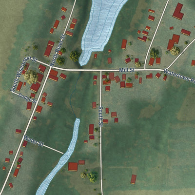 Close-up of the map of Lowell, Wisconsin print showing street and building detail