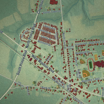 Close-up of the map of Windsor, Virginia print showing street and building detail