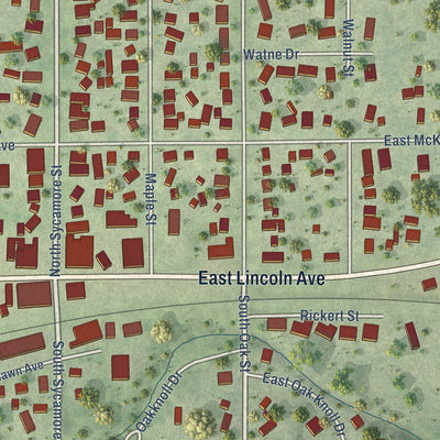 Close-up of the map of Hinckley, Illinois print showing street and building detail