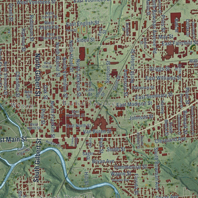 Close-up of the map of Danville, Illinois print showing street and building detail
