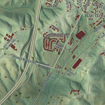 Close-up of the map of Ball Ground, Georgia print showing street and building detail