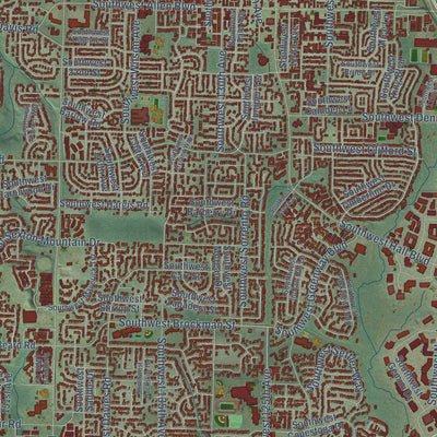 Close-up of the map of Beaverton, Oregon print showing street and building detail