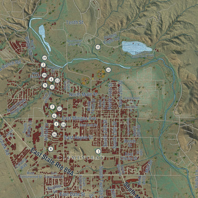 Close-up of the map of Cottonwood, Arizona print showing street and building detail