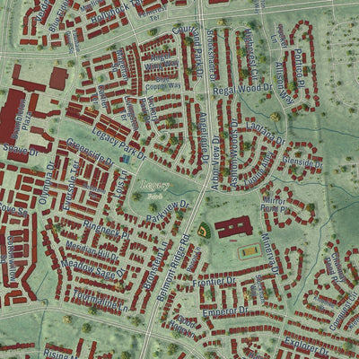 Close-up of the map of Brambleton, Virginia print showing street and building detail
