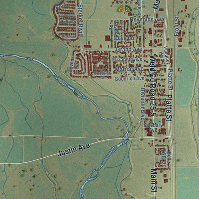 Close-up of the map of Platteville, Colorado print showing street and building detail
