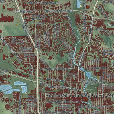 Close-up of the map of Rochester, Minnesota print showing street and building detail