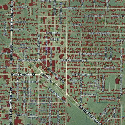 Close-up of the map of Jennings, Louisiana print showing street and building detail