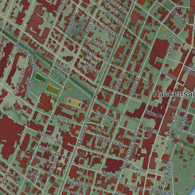 Close-up of the map of Hackensack, New Jersey print showing street and building detail