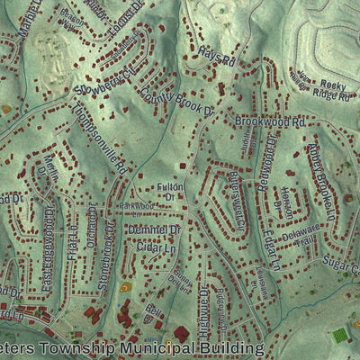 Close-up of the map of Peters, Washington County, Pennsylvania print showing street and building detail