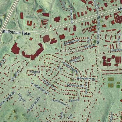 Close-up of the map of Manchester, Virginia print showing street and building detail
