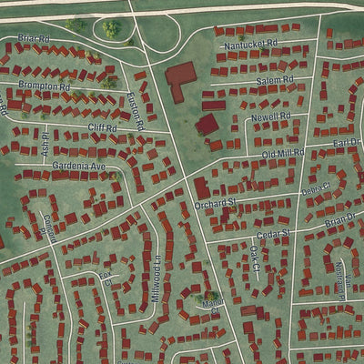Close-up of the map of North Merrick, New York print showing street and building detail