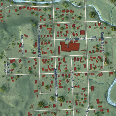 Close-up of the map of Weeping Water, Nebraska print showing street and building detail