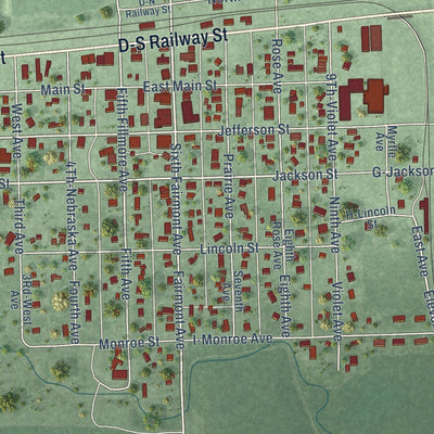 Close-up of the map of Fairmont, Nebraska print showing street and building detail