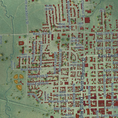 Close-up of the map of Wahoo, Nebraska print showing street and building detail