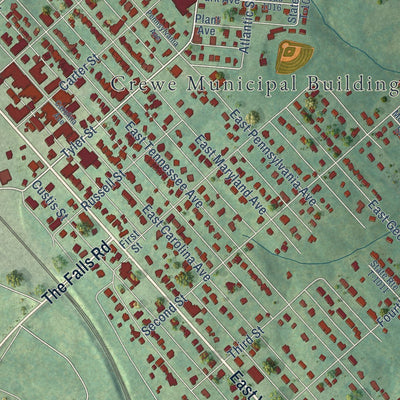 Close-up of the map of Crewe, Virginia print showing street and building detail