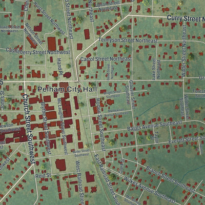Close-up of the map of Pelham, Georgia print showing street and building detail