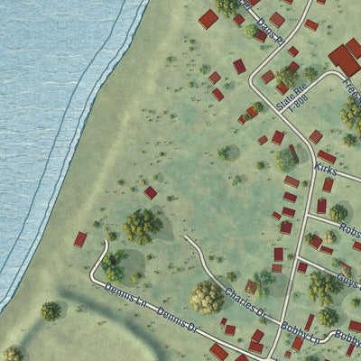 Close-up of the map of Saxis, Virginia print showing street and building detail