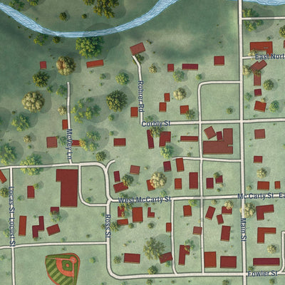 Close-up of the map of Muncie, Illinois print showing street and building detail