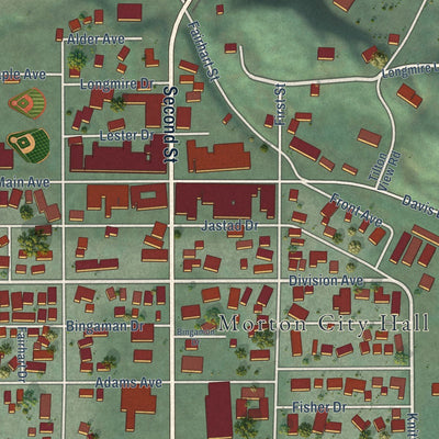 Close-up of the map of Morton, Washington print showing street and building detail