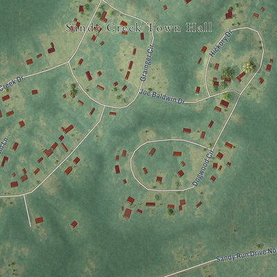 Close-up of the map of Sandy Creek, North Carolina print showing street and building detail