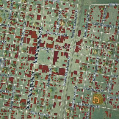 Close-up of the map of Virden, Illinois print showing street and building detail