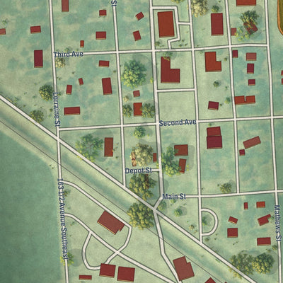 Close-up of the map of Mantador, North Dakota print showing street and building detail