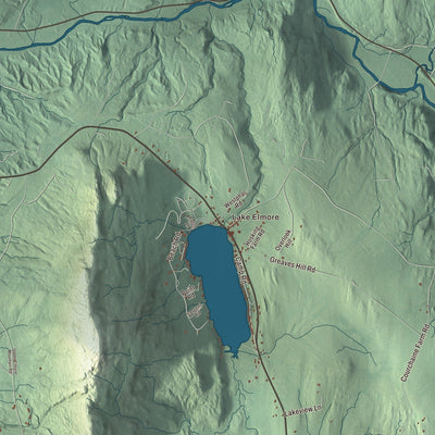 Close-up of the map of Elmore, Vermont print showing streets and neighborhoods
