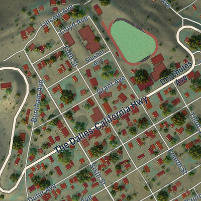 Close-up of the map of Maupin, Oregon print showing street and building detail