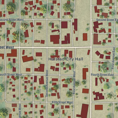 Close-up of the map of Halstad, Minnesota print showing street and building detail
