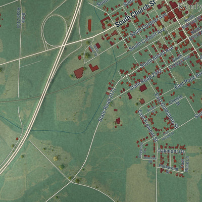 Close-up of the map of Kenly, North Carolina print showing street and building detail
