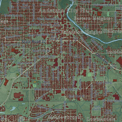 Close-up of the map of Anderson, Indiana print showing street and building detail