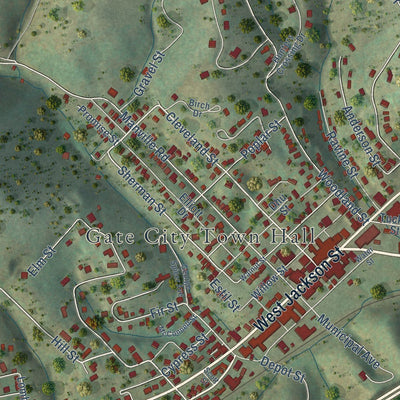 Close-up of the map of Gate City, Virginia print showing street and building detail