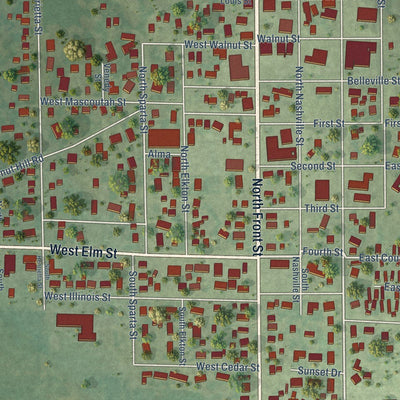 Close-up of the map of Okawville, Illinois print showing street and building detail